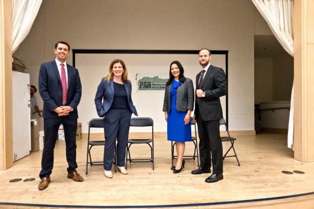 2019.07.17_PAR Meeting with San Francisco District Attorney Candidates; (L-R) Lief Dautch, Suzy Loftus, Nancy Tung, and Chesa Boudin