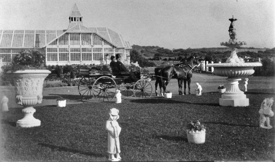 This view from 1886 looking east shows the carriage circle at Sutro Heights with Adolph Sutro sitting in a buggy. His conservatory is visible in the distance. The conservatory and almost every other building at Sutro Heights Park are now long gone, but you can still find a little hidden history: the floor to this beautiful glass building. Photo courtesy of a private collector/Western Neighborhoods Project/OpenSFHistory.
