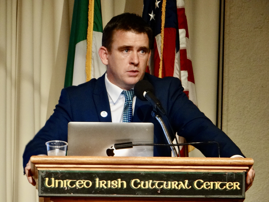 United Irish Cultural Center President Liam Reidy addresses hundreds of supporters gathered at the Center for the formal kickoff event of “Irish Center 2025 Project” on Aug. 28. The organization is working to replace the existing building on 45th Avenue between Wawona Street and Sloat Boulevard with a new six-story multi-use gathering place. Photo by Michael Durand.